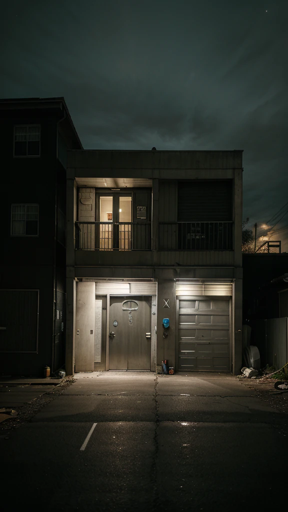 Outdoor night shot showing a large building with large rolling steel doors. A lifeless body is hanging from a steel frame above the door. Several trash cans are placed below the door. To the right of the image is a small open steel door. The atmosphere is gloomy, eerie, and scary. Streetlights dimly illuminate the area from the right. The floor is concrete. The surrounding area is open and spacious.