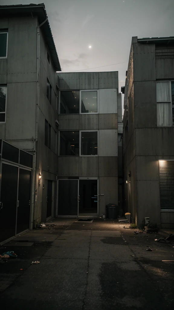 Outdoor night shot showing a large building with large rolling steel doors. A lifeless body is hanging from a steel frame above the door. Several trash cans are placed below the door. To the right of the image is a small open steel door. The atmosphere is gloomy, eerie, and scary. Streetlights dimly illuminate the area from the right. The floor is concrete. The surrounding area is open and spacious.