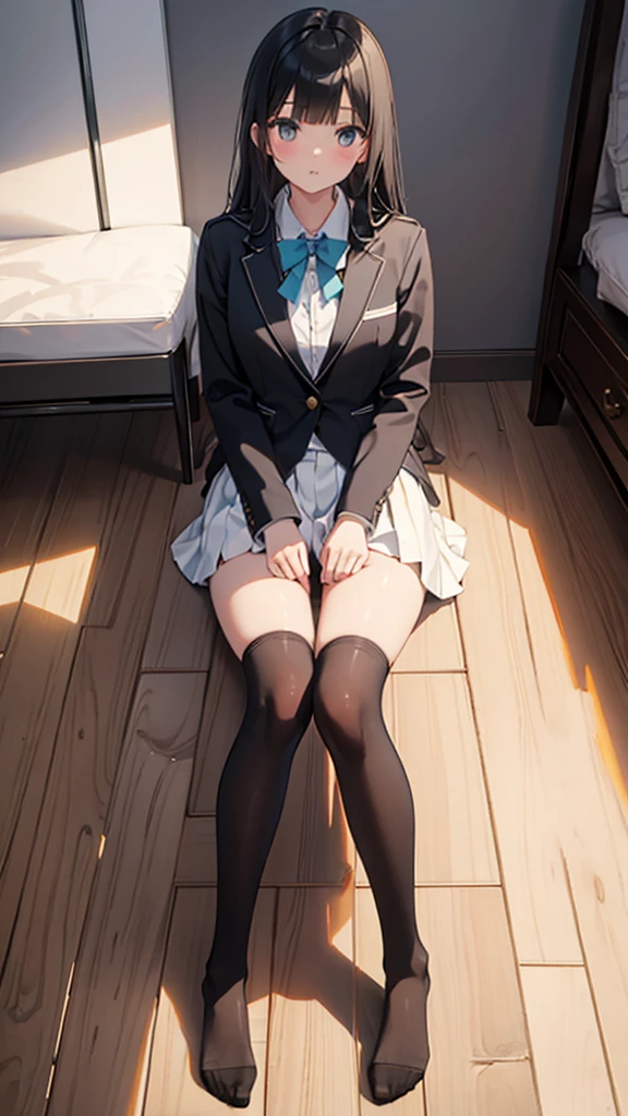 Top quality, masterpiece, High resolution, (Head to toe full body), front, frontやや下からの構図, Symmetric, Tall 18 year old girl, alone, (Head to toe), (Small breasts), bangs, (black tights), (Black Pantyhose), (Sit with your legs apart), (Crouching pose), (A composition showing white panties), (Her legs were spread、I see your white pants.), (I was made to sit on the floor with my legs spread..), (M-shaped legs), Thin legs, A very beautiful and tall 18 year old girl, (No shoes), blush, Shy big eyes, looking at the camera, Blazer Uniform, Checkered Pleated Skirt