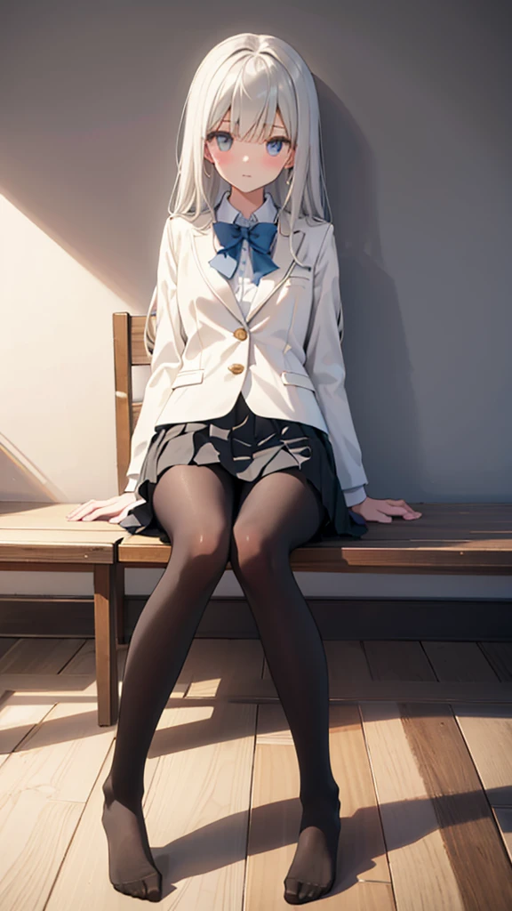 Top quality, masterpiece, High resolution, (Head to toe full body), front, frontやや下からの構図, Symmetric, Tall 18 year old girl, alone, (Head to toe), (Small breasts), bangs, (black tights), (Black Pantyhose), (Sit with your legs apart), (Crouching pose), (A composition showing white panties), (Her legs were spread、I see your white pants.), (I was made to sit on the floor with my legs spread..), (M-shaped legs), Thin legs, A very beautiful and tall 18 year old girl, (No shoes), blush, Shy big eyes, looking at the camera, Blazer Uniform, Checkered Pleated Skirt