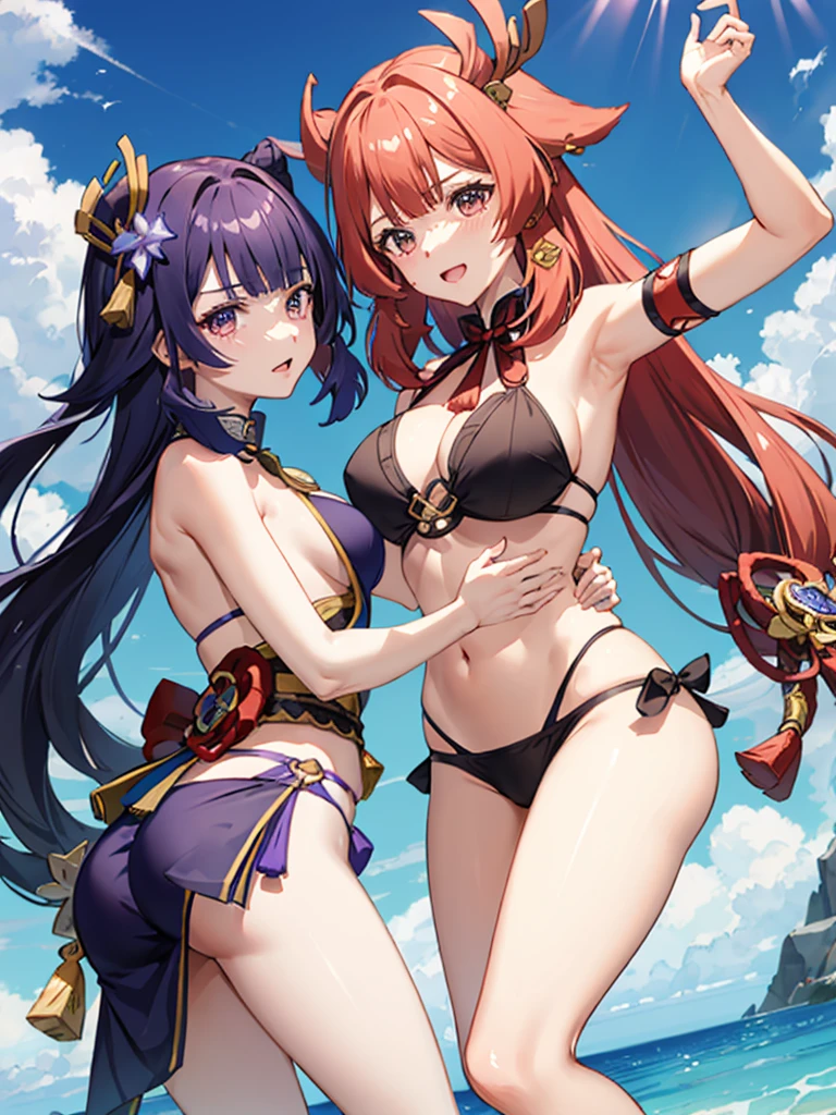 Raiden No( genshin impact) e yae miko (genshin impact) next to a dark-skinned man, the man grabbing the two who are in bikinis