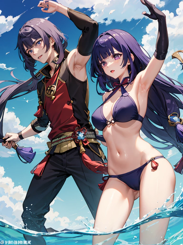 Raiden No( genshin impact) e yae miko (genshin impact) next to a dark-skinned man, the man grabbing the two who are in bikinis
