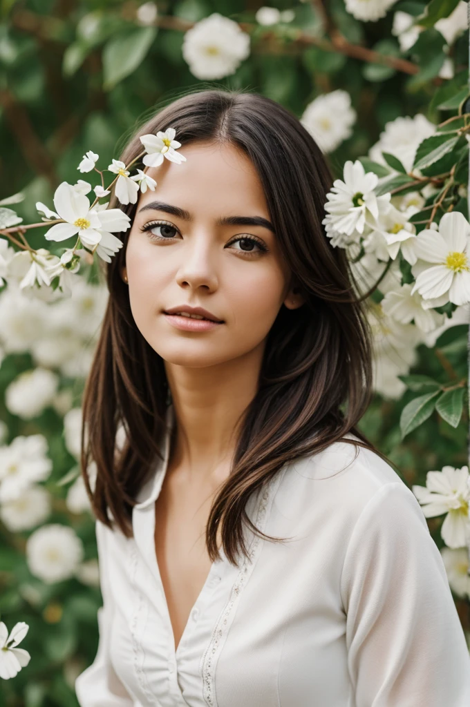 Generate an annotated image of a woman with the white flower of the Holy Spirit