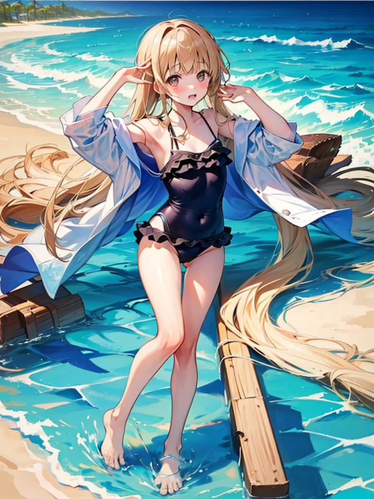 Random patterned swimsuit、,Random patterned swimsuit,Blushing、Semi-long hair、pale chestnut hair、Pale brown eyes、Head to toe full body、Blushing、Embarrassed look、Composition from the front、A view from slightly below、school swimwear、Acme Face、Random pose、, 、nsfw、Highest quality、1 girl、solo、Ocean、Sandy Beach、Sexy pose、Random pose、Blushing、wet、Embarrassed、I can see half of my 、、One piece swimsuit、(Strap slip:1.3)、
