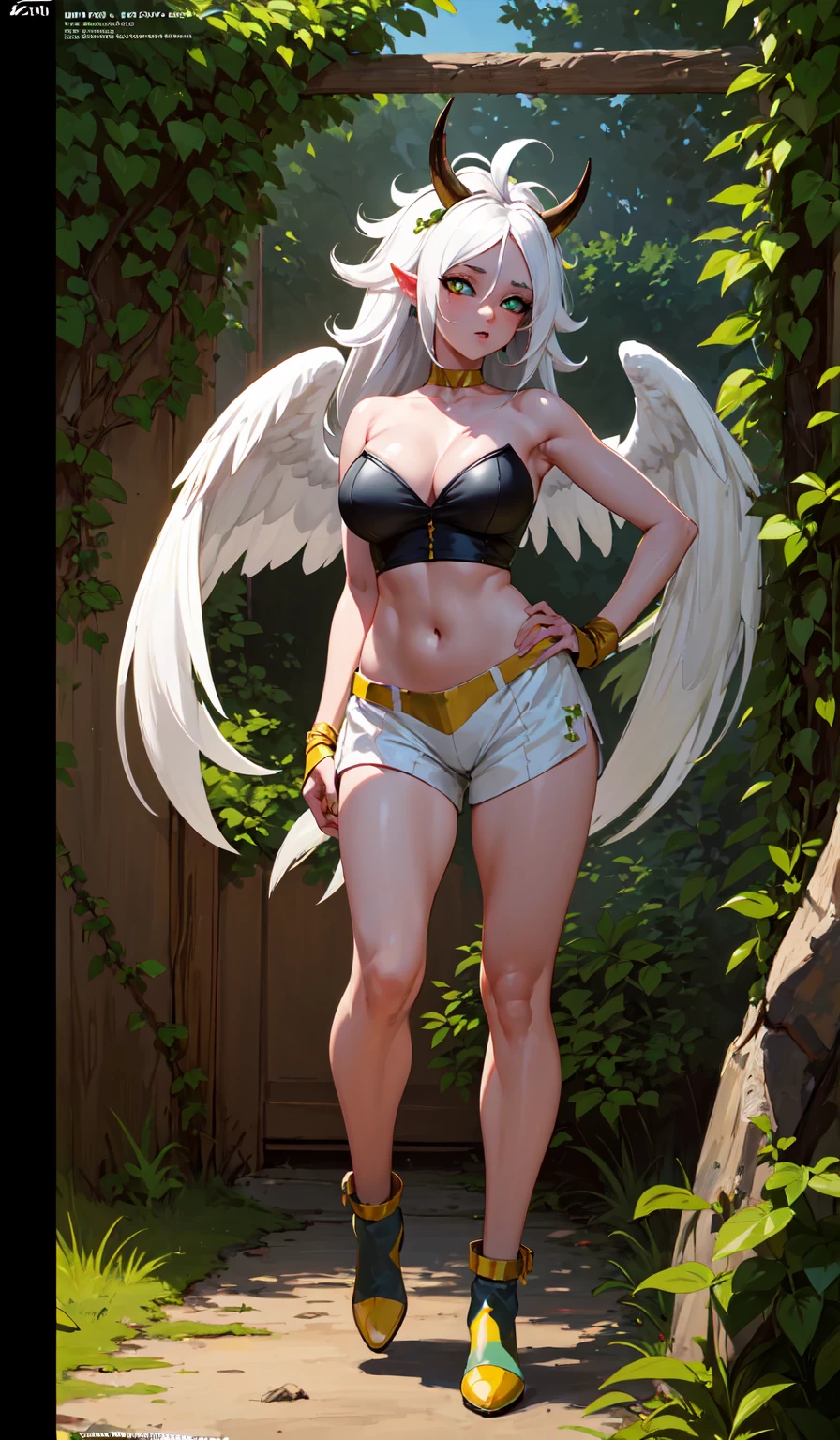 (Best quality,unparalleled masterpiece:1.4),Ultra-detailed 4K CG,(Ultra detailed clear absurdly bright mint big eyes:1.2),playboy., Yellow medieval summer girl, concept, vines on the hand and horns from the vines, full length, whole body, magic hunter, white shorts, sexy sex