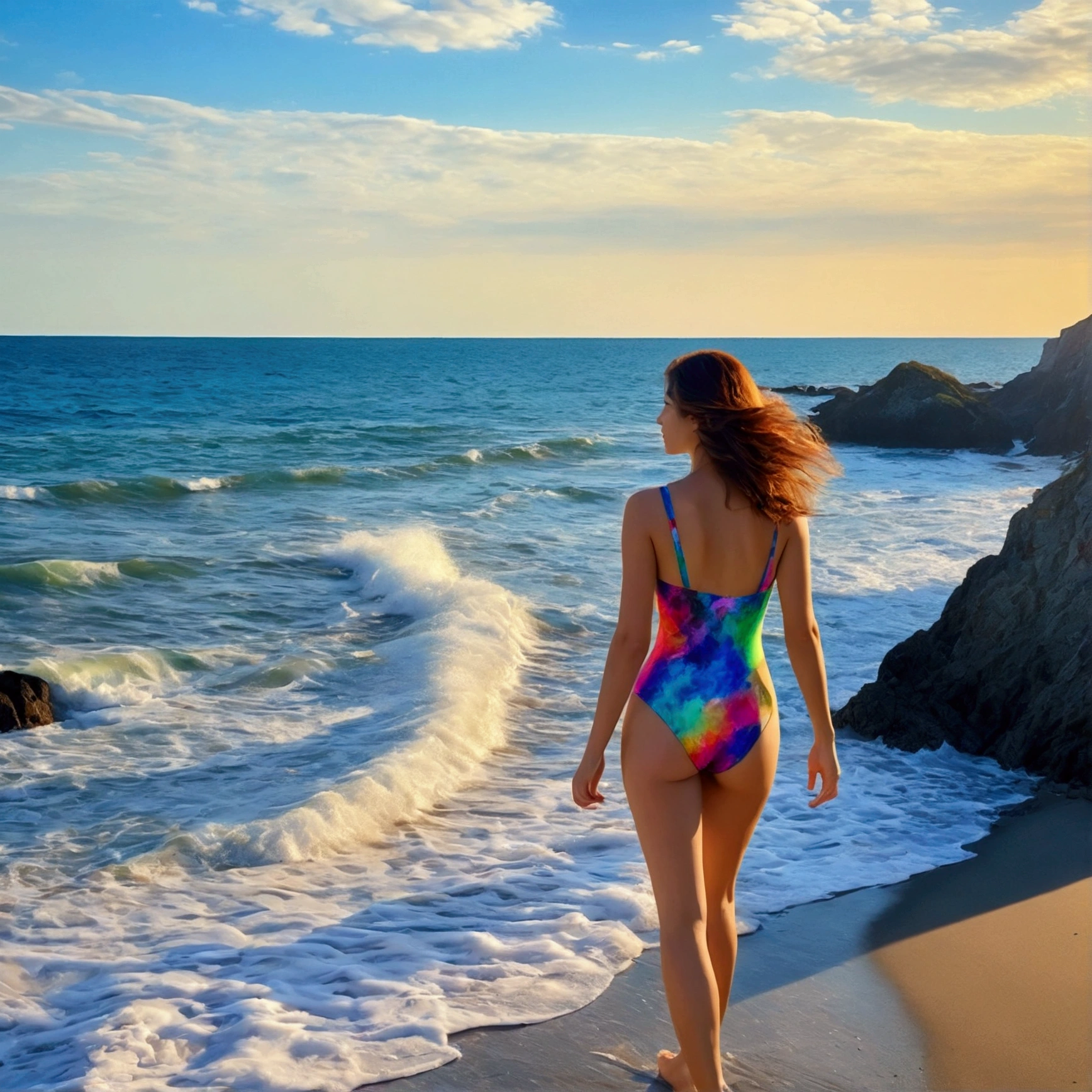 Create Monet-style abstract colors,Beautiful woman in a swimsuit walking along the coastline、Expressing tender feelings,calm down,There is loneliness in freedom,space