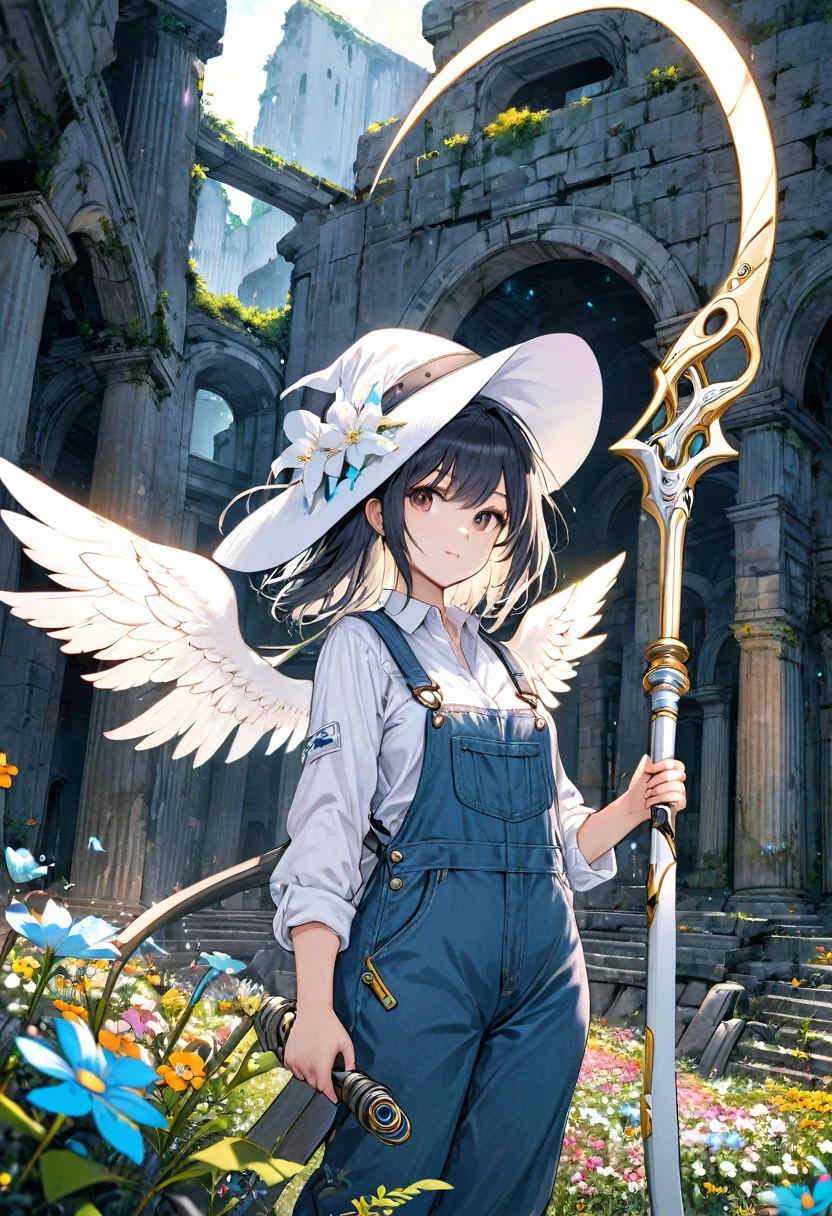 white shirt, overalls, angel wings, witch hat, twin wails, holding sci-fi scythe, ancient ruins, flowers