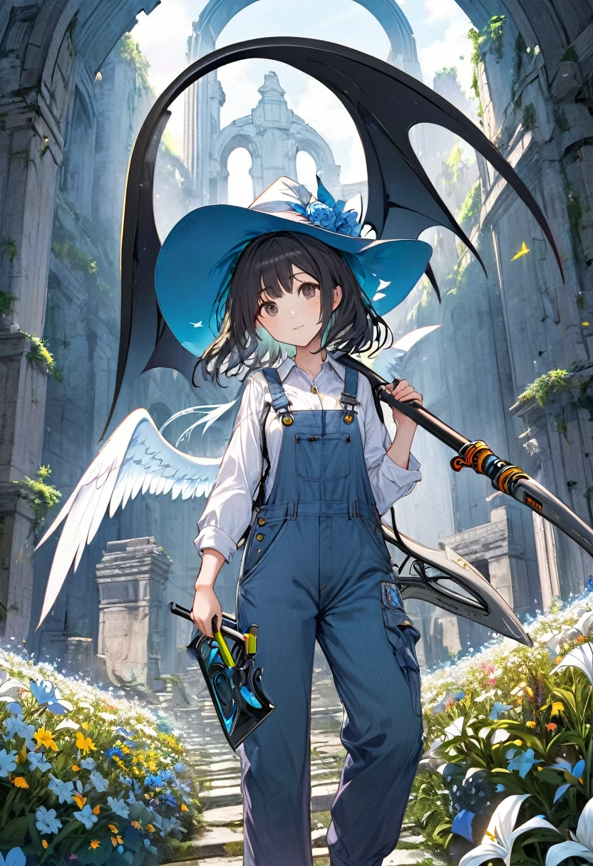 white shirt, overalls, angel wings, witch hat, twin wails, holding sci-fi scythe, ancient ruins, flowers