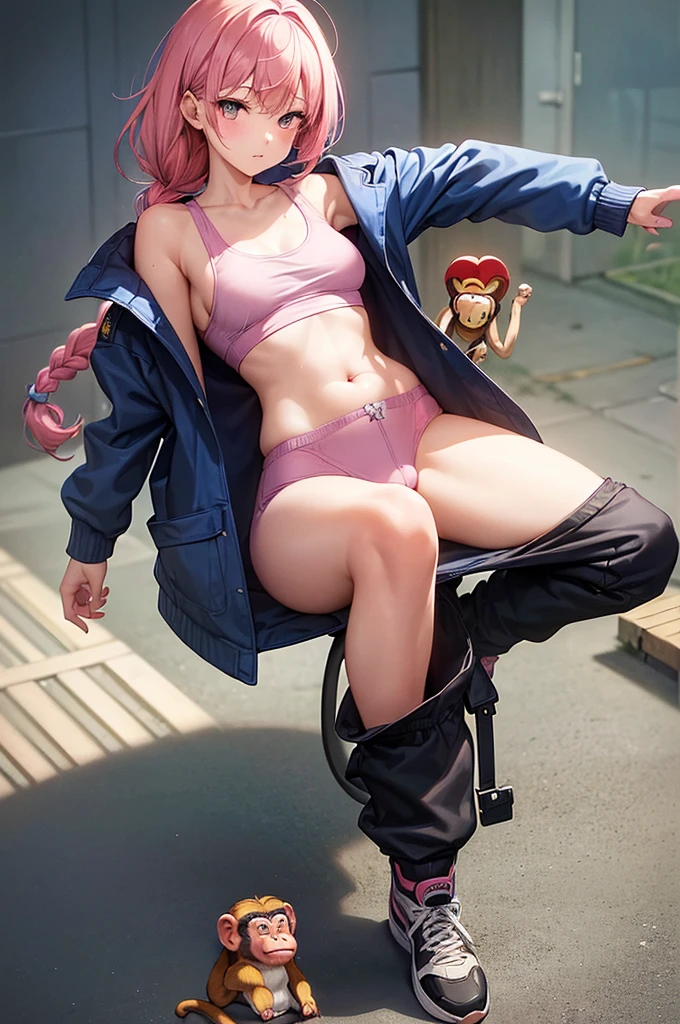 masterpiece, best quality,anime style, 1 girl,(((slender body))), (((small eyes,small breast,breast milk,breastfeeding a monkey baby))),(((Jacket, Open your clothes, Open jacket, Blue jacket, ground vehicle, Sports Bra, bicycle,buruma))),(((((a monkey baby grabbing the girl))))),((((cum)))), (beautiful face), (((single braid))), (((straight hair))), ((((pink hair)))),detailed beautiful skin, (perfect hands, perfect anatomy)