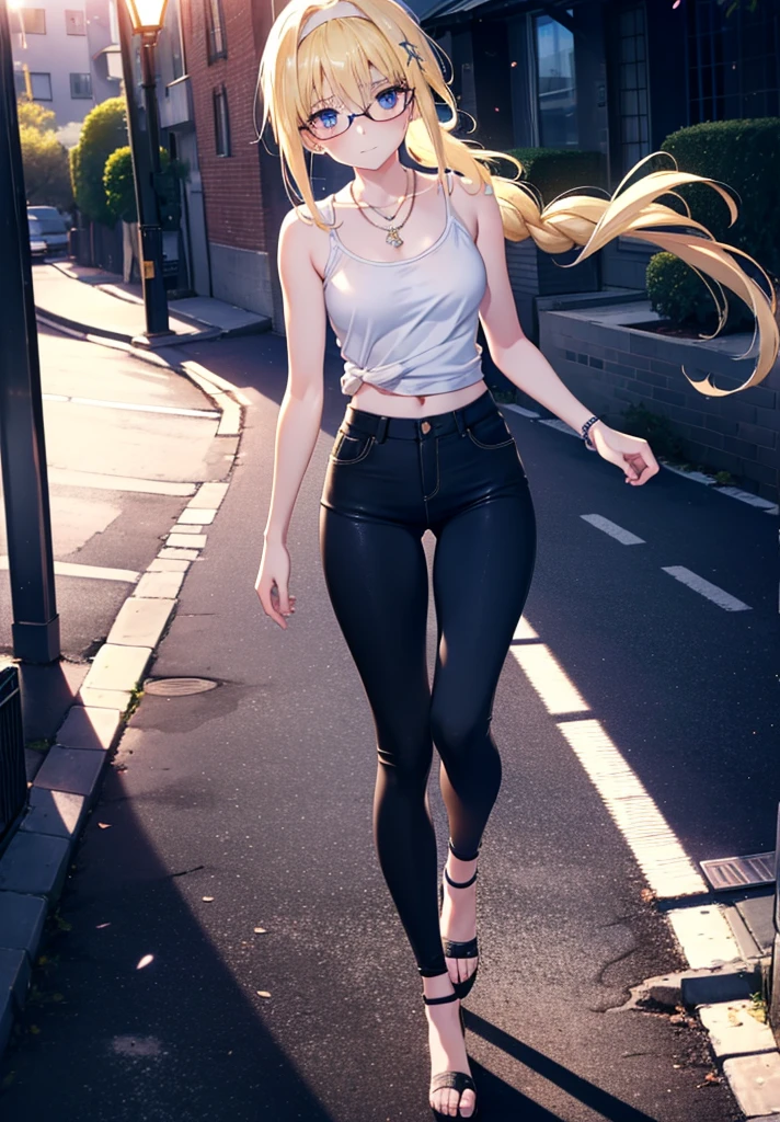 Alicesburg, Alice Zuberg, bangs, blue eyes, Blonde, Hair between the eyes, Very long braid, hair band, white hair band,Black-rimmed glasses,Yellow Tank Top,Locket Necklace,skinny pants,Stiletto heels,Walking,morning,morning陽,The sun is rising,whole bodyがイラストに入るように,smile,blush,
break outside, Residential Street,
break looking at viewer, whole body,
break (masterpiece:1.2), Highest quality, High resolution, unity 8k wallpaper, (figure:0.8), (Beautiful attention to detail:1.6), Highly detailed face, Perfect lighting, Highly detailed CG, (Perfect hands, Perfect Anatomy),