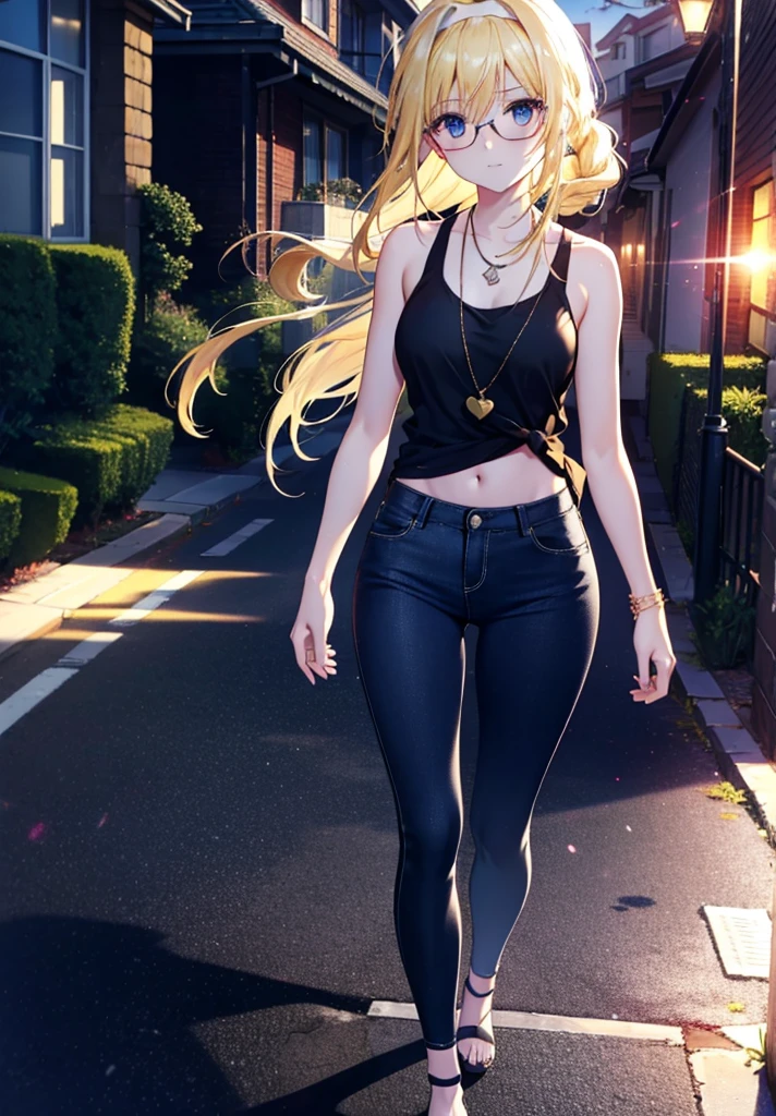 Alicesburg, Alice Zuberg, bangs, blue eyes, Blonde, Hair between the eyes, Very long braid, hair band, white hair band,Black-rimmed glasses,Yellow Tank Top,Locket Necklace,skinny pants,Stiletto heels,Walking,morning,morning陽,The sun is rising,whole bodyがイラストに入るように,smile,blush,
break outside, Residential Street,
break looking at viewer, whole body,
break (masterpiece:1.2), Highest quality, High resolution, unity 8k wallpaper, (figure:0.8), (Beautiful attention to detail:1.6), Highly detailed face, Perfect lighting, Highly detailed CG, (Perfect hands, Perfect Anatomy),