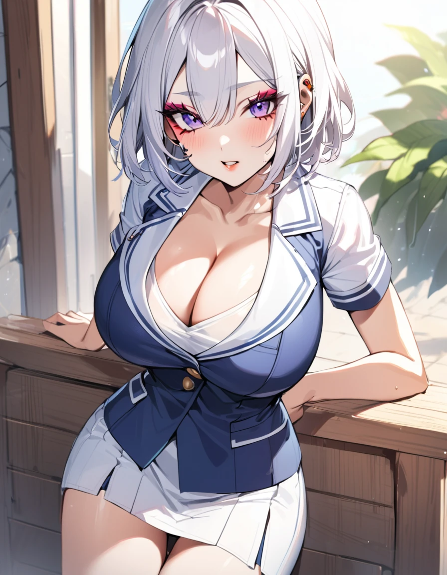 1girl, short hair, pretty face, whitening makeup, blazer uniform, summer clothes, big breasts, short sleeves, piercings, cleavage, tight skirt