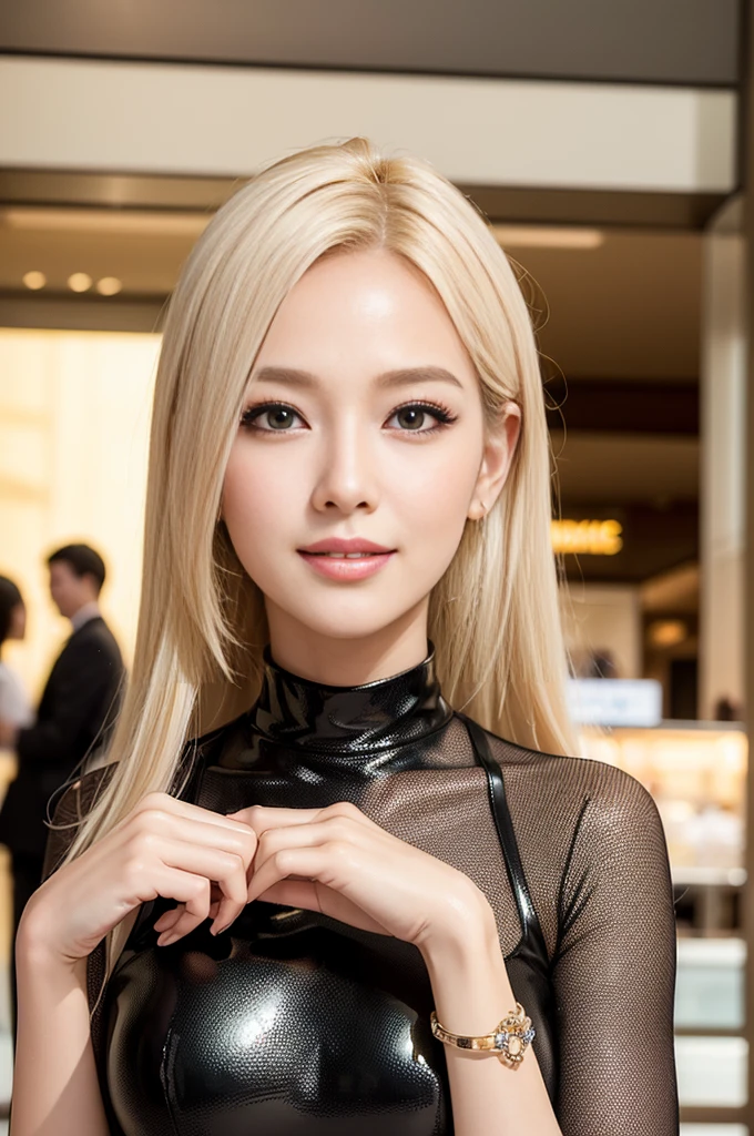 (masterpiece:1.4), (best quality:1.4), ultra high res, ultra high resolution, ((detailed facial features)), HDR, (realistic, photorealistic, photo-realistic:1.37), closeup, sexy seductive Thai woman, (seductive smile), long lashes, beautiful makeup, platinum blonde hair, fair skin, slender figure, elegant posture, wearing large sparkling colorful jewelery, wearing a business style leather dress, standing in a large shopping mall, gentle sunlight shining through the shopping mall windows, casting a soft glow on her face, adding warmth to the scene, vibrant colors, capturing the essence of vibrant city life, portrait style, showcasing her natural beauty and grace in a feminine way
