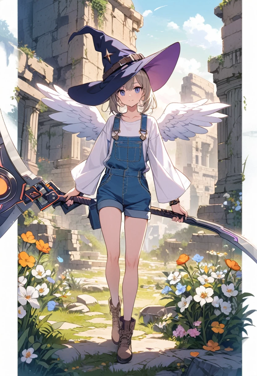 white shirt, overalls, angel wings, witch hat, twin wails, holding sci-fi scythe, ancient ruins, flowers