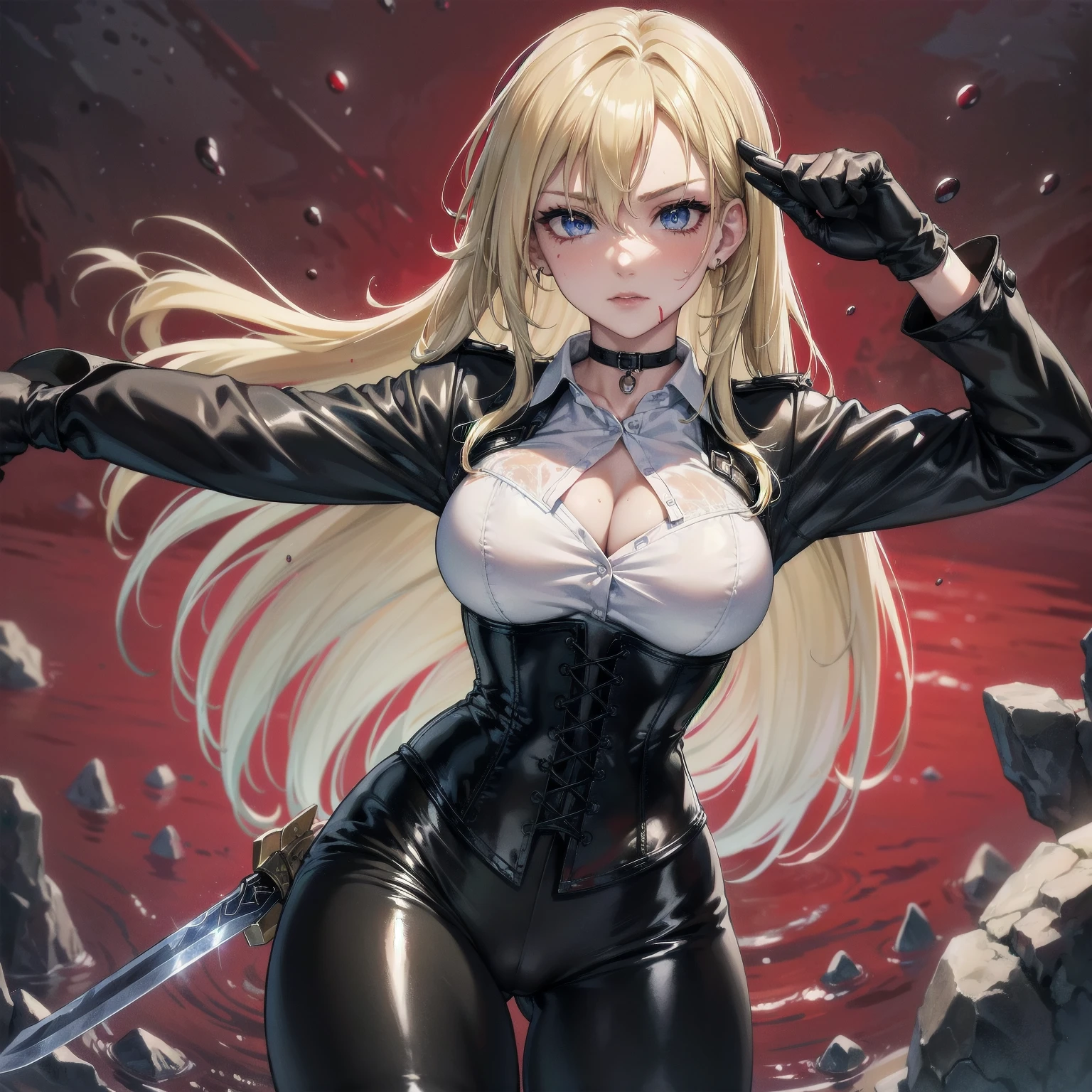 ((blood droplets)), ((blood)), ((blood splatter)), ((blood on clothes)) ((blood stain)), Masterpiece, Superior image quality, high resolution, 4k image,photo and gross, photorealistic, whole body, Torn clothes,  ung blonde of 15 years, fighting pose, {{{vagina}}}, big breasts, beautiful face, Long blonde hair, blue eyes, very detailed eyes,  serious expression, choker:1.6, (white collar button down long sleeve shirt), black gloves, gloves that cover hands, (wields a sword in his right hand), (black leather corset), (shiny black leggings), Sensual Lips, show details in the eyes, View from the front, looking at the viewer, standing on the shore of a lagoon, gloomy lagoon, Atmosphere, crimson sky