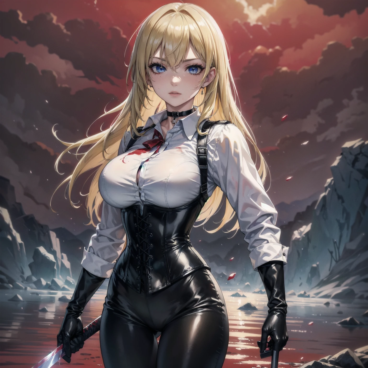 ((blood droplets)), ((blood)), ((blood splatter)), ((blood on clothes)) ((blood stain)), Masterpiece, Superior image quality, high resolution, 4k image,photo and gross, photorealistic, whole body, Torn clothes, 1 young blonde of 15 years, fighting pose, {{{vagina}}}, big breasts, beautiful face, Long blonde hair, blue eyes, very detailed eyes, serious expression, choker:1.6, (white collar button down long sleeve shirt), black gloves, gloves that cover hands, (wields a sword in his right hand), (black leather corset), (shiny black leggings), Sensual Lips, show details in the eyes, View from the front, looking at the viewer, standing on the shore of a lagoon, gloomy lagoon, Atmosphere, crimson sky