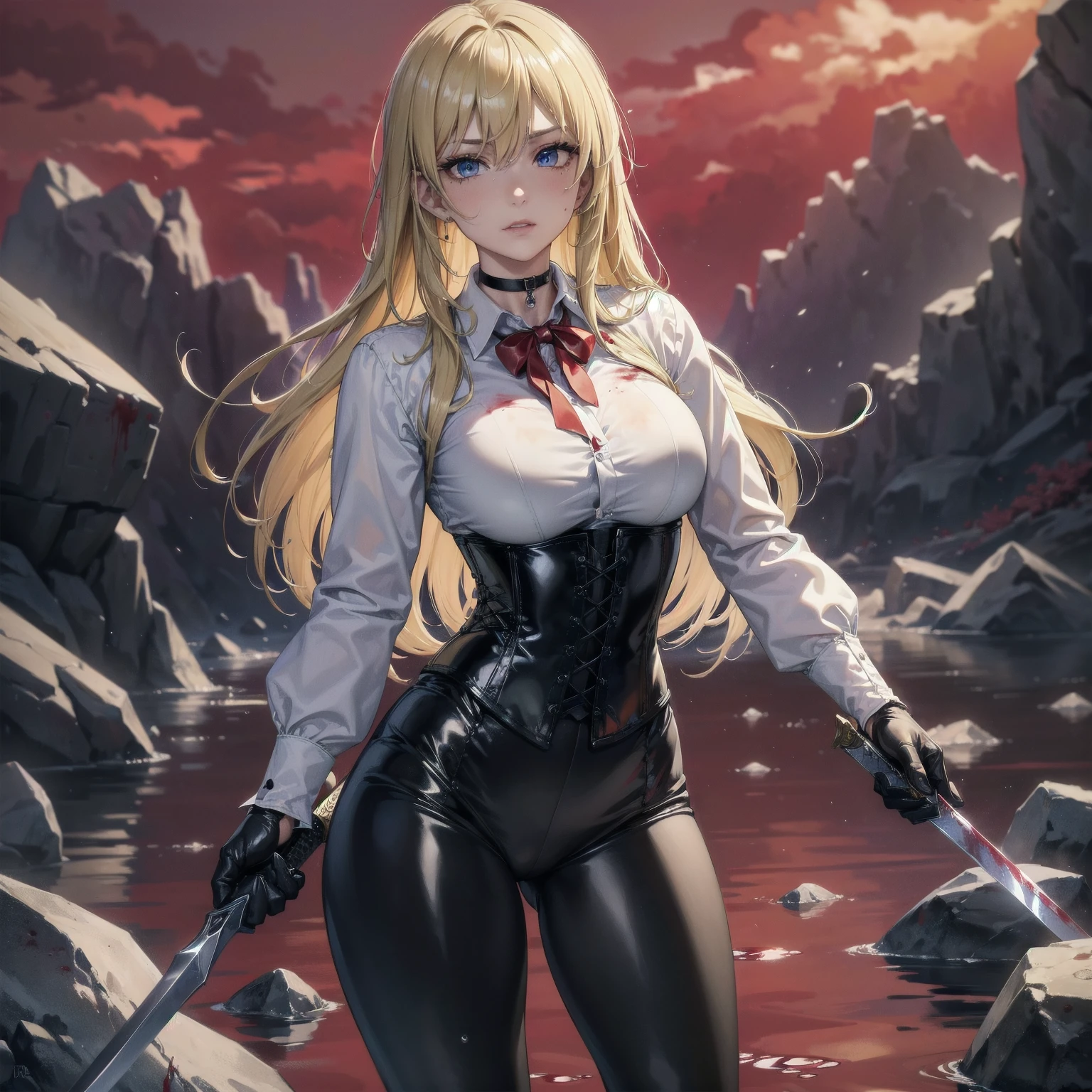 ((blood droplets)), ((blood)), ((blood splatter)), ((blood on clothes)) ((blood stain)), Masterpiece, Superior image quality, high resolution, 4k image,photo and gross, photorealistic, whole body, Torn clothes, 1 young blonde of 15 years, fighting pose, {{{vagina}}}, big breasts, beautiful face, Long blonde hair, blue eyes, very detailed eyes, serious expression, choker:1.6, (white collar button down long sleeve shirt), black gloves, gloves that cover hands, (wields a sword in his right hand), (black leather corset), (shiny black leggings), Sensual Lips, show details in the eyes, View from the front, looking at the viewer, standing on the shore of a lagoon, gloomy lagoon, Atmosphere, crimson sky
