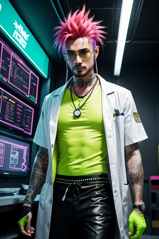 Stern man in late thirties, tattoos on face, cyberpunk, futuristic cyberpunk clinic in background, man is wearing a brightly colored neon yellow shirt, man is wearing brightly colored neon red pants, dyed hair, wearing a white doctor's lab coat