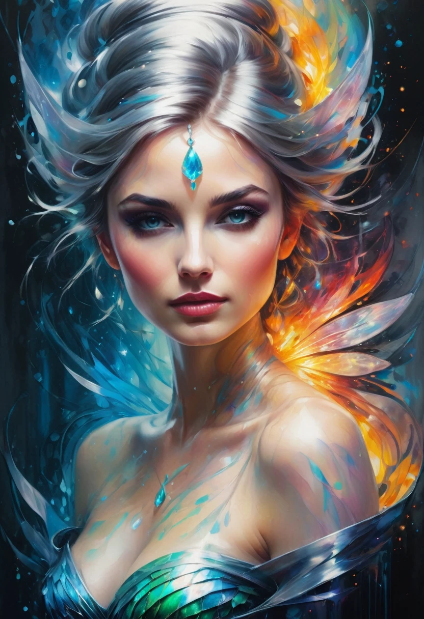 silver_Light painting representing the face of a beautiful woman, silver_Light style, mesmerizing beauty, cool and twister, crystals sparkle and sparkle, creating fantastic, releasing flame and water and flash, miracle of beauty, elegant curves, swirling patterns and iridescent glass , stunning cyber fairy, (((extremely intricate detail: 1.3))), (((breathtaking: 1.3))), Incredibly beautiful visual quality,