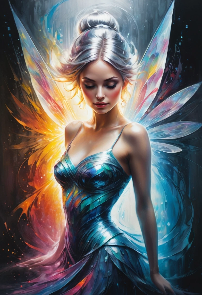 silver_Light painting representing the face of a beautiful woman, silver_Light style, mesmerizing beauty, cool and twister, crystals sparkle and sparkle, creating fantastic, releasing flame and water and flash, miracle of beauty, elegant curves, swirling patterns and iridescent glass , stunning cyber fairy, (((extremely intricate detail: 1.3))), (((breathtaking: 1.3))), Incredibly beautiful visual quality,