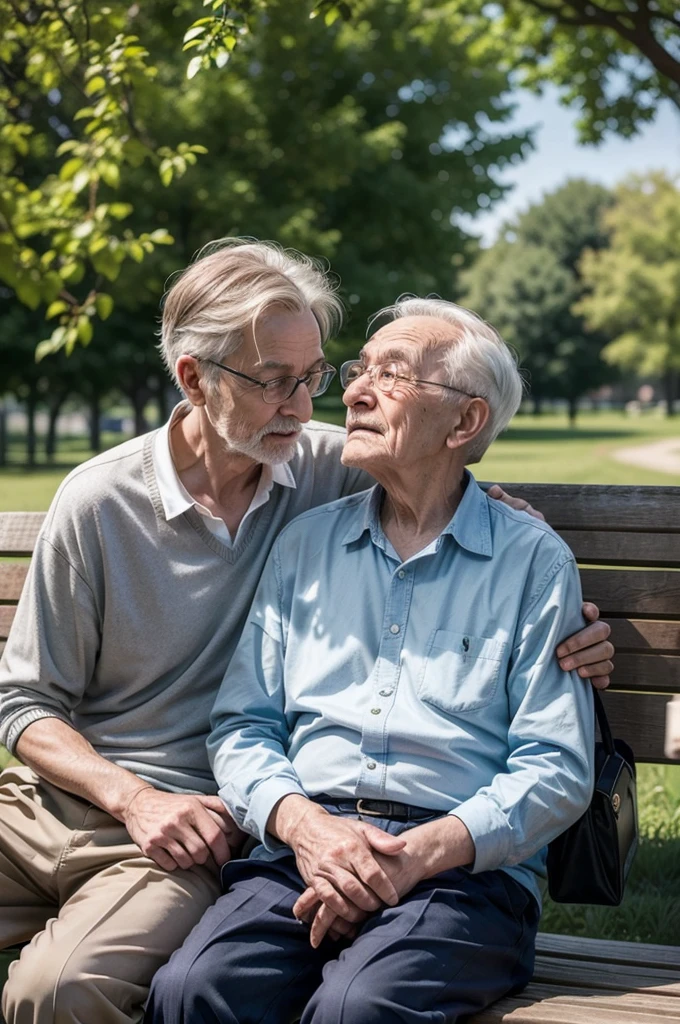 /imagine A young man talking to a wise old man in a peaceful park. The elderly man is sitting on a wooden bench, holding a bucket with a small hole. The young man listens attentively, with an expression of curiosity and wonder. ao redor, colorful flowers are in full bloom, and the sunlight shines softly, creating an atmosphere of learning and connection between generations.