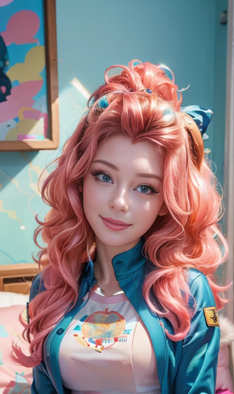 Photo oF a 18 year-old American girl, .RAW, beautiful woman, ((detailed face:1.2)), ((Detailed facial features)), (finely detailed skin), pale skin , freckles on cheeks , blue eyes , small nose, 、a sexy(color fresco), wet, wet, ReFlectoreasutepiece) (perfect proportions realistic)(The best quality) (detailed) Photographed with a Canon EOS R5, 50mm lens, F/2.8, NFFSW, (8k) (wallpaper) (cinematic lighting) (dramatic lighting) (sharp focus) (Convoluted) BIG BREASTS , big breasts ,whole body , beautiful age body ,cute makeup , blue eye shadow, big smile ,varied background , fluffy pink hair , fluffy pink fur , mlp , pinkie pie , Equestria girls , military uniform , colorful uniform , Beautiful smile , happy , foto whole body , vailando , JUMPING ,happy , posing lying in bed