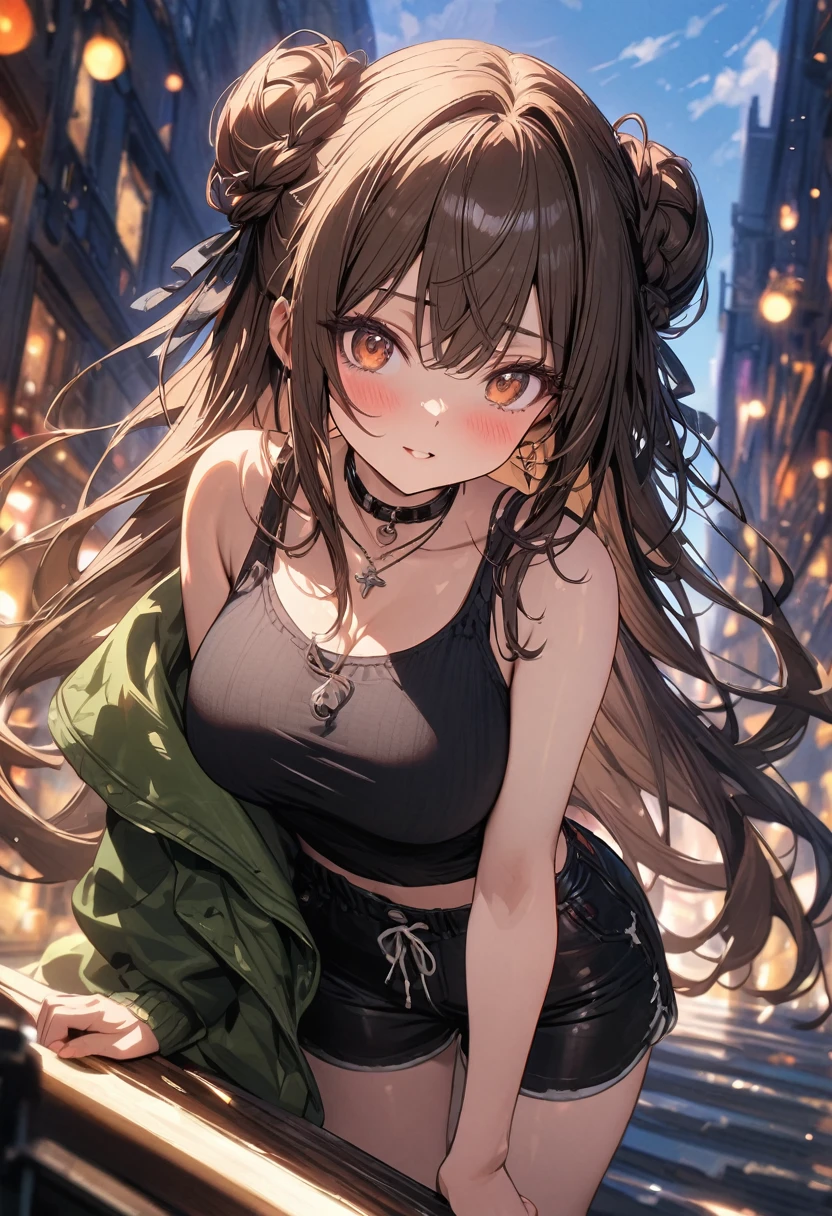 (masterpiece), best quality, very aesthetic, newest, absurdres, detailed, high quality
BREAK
highest quality, top quality, details, highres, ultra fine painting, digital art, official art, cinematic, 4k, 8k resolution, 8K CG wallpaper, CG, original artwork, detailed background, colorful background, blue atmosphere, High Dynamic Range, blurry background, blue hour, Starburst effects, crepuscular rays, good ISO, high resolution, wide shot, from far away, RAW photo, POV, sharp focus, light reflection, reflections, intricate details, soft light, particle noise, professional photography, bokeh, depth of field, natural lighting, vibrant colors, looking away, detailed lights and shadows, stylish, ultra-detailed, top rated on Pixiv, trending on Artstation, niji style, modern-days, master crafted, pose
BREAK
solo, (close up), 1girl, pale skin, correct fingers, detailed hand, (:1.2), big thighs, small torso, short body, flushtered, blush, anxious expression, embarassed, embarassed act, casual, slim, ((cute, childlike face):1.3), nice body, nice , brown hair, (very long flowing hair, 2 buns hairstyle), long bangs, long hair, middle hair bangs, brown eyes
BREAK
((black strap type tank top), black string sweatshorts, off shoulders open green hoodie, choker, casual wear, modest) 
BREAK
City background