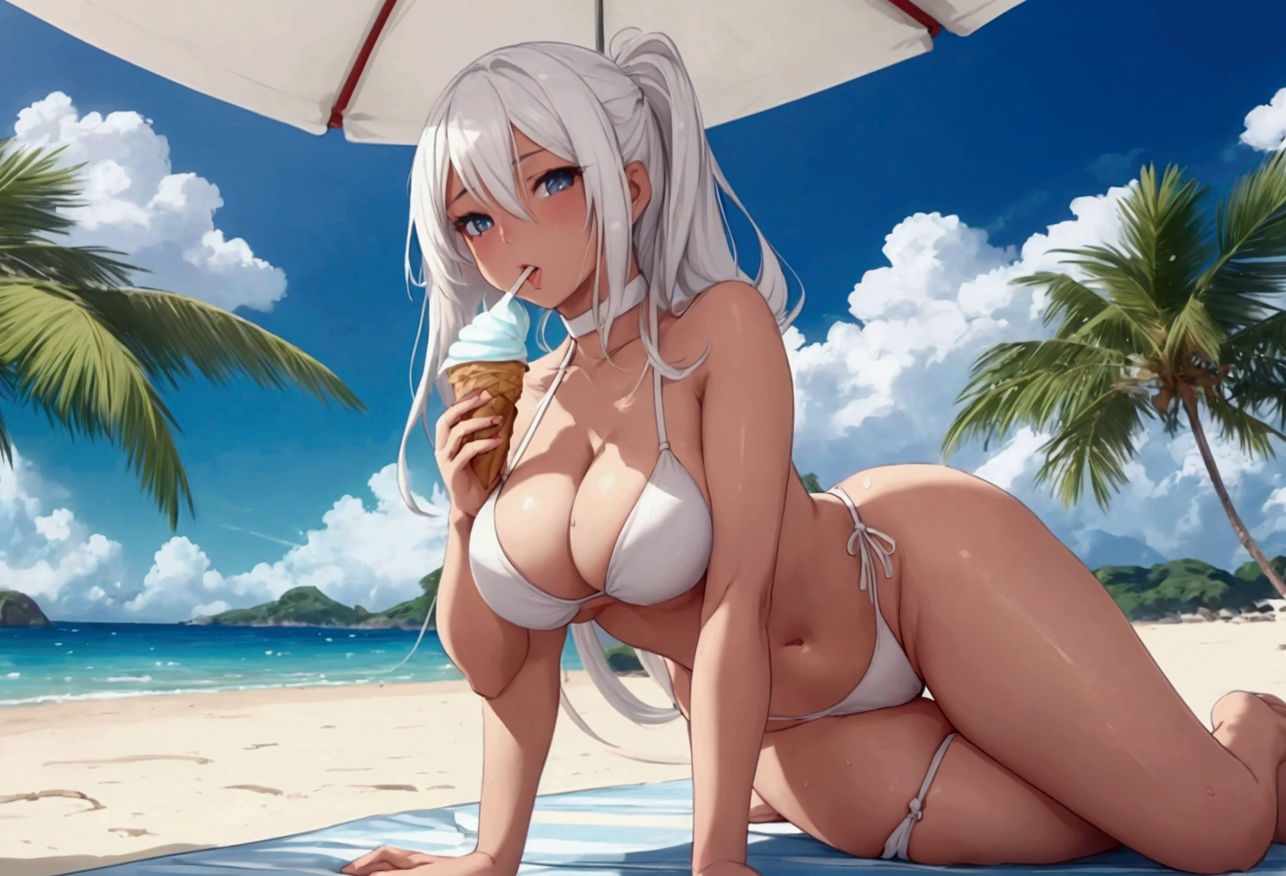 A beautiful anime girl with white hair, wearing a sexy white bikini and a revealing thong, on a beach and eating an ice cream on a sunny summer day, photographed from a low camera angle focusing on her thighs, surrounded by a stunning landscape.