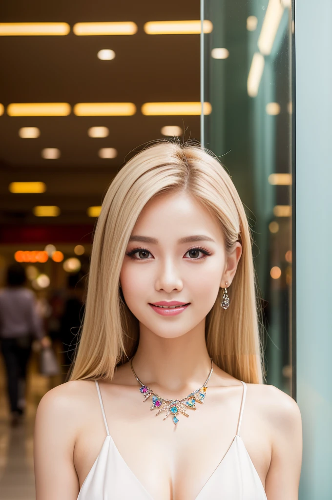 (masterpiece:1.4), (best quality:1.4), ultra high res, ultra high resolution, ((detailed facial features)), HDR, (realistic, photorealistic, photo-realistic:1.37), closeup, sexy seductive Thai woman, (seductive smile), long lashes, beautiful makeup, platinum blonde hair, fair skin, slender figure, elegant posture, wearing large sparkling colorful jewelry, wearing a business style leather dress, standing in a large shopping mall, gentle sunlight shining through the shopping mall windows, casting a soft glow on her face, adding warmth to the scene, vibrant colors, capturing the essence of vibrant city life, portrait style, showcasing her natural beauty and grace in a feminine way
