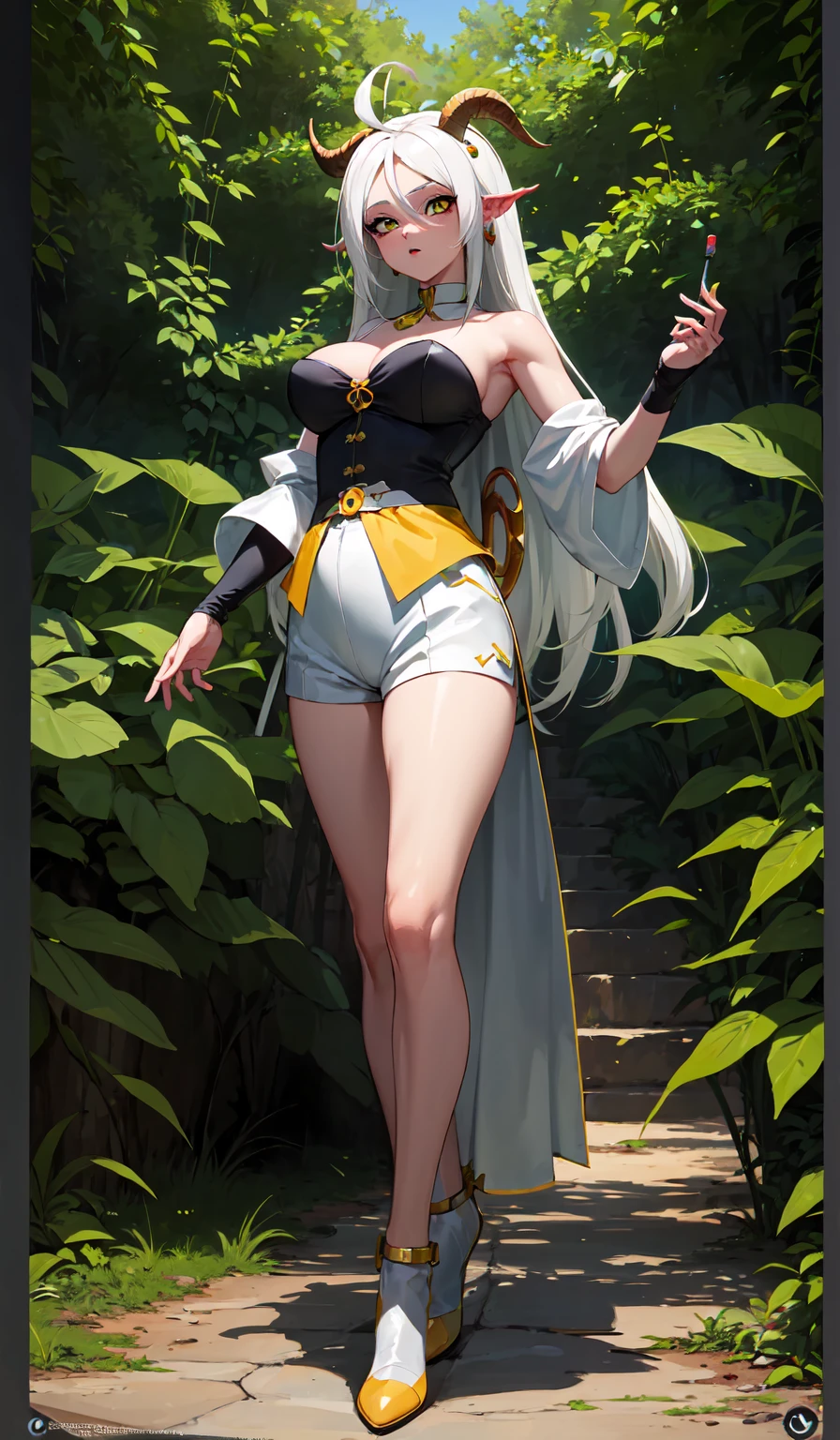 (Best quality,unparalleled masterpiece:1.4),Ultra-detailed 4K CG,(Ultra detailed clear absurdly bright mint big eyes:1.2),playboy., Yellow medieval summer girl, concept, vines on the hand and horns from the vines, full length, whole body, magic hunter, white shorts, sexy sex