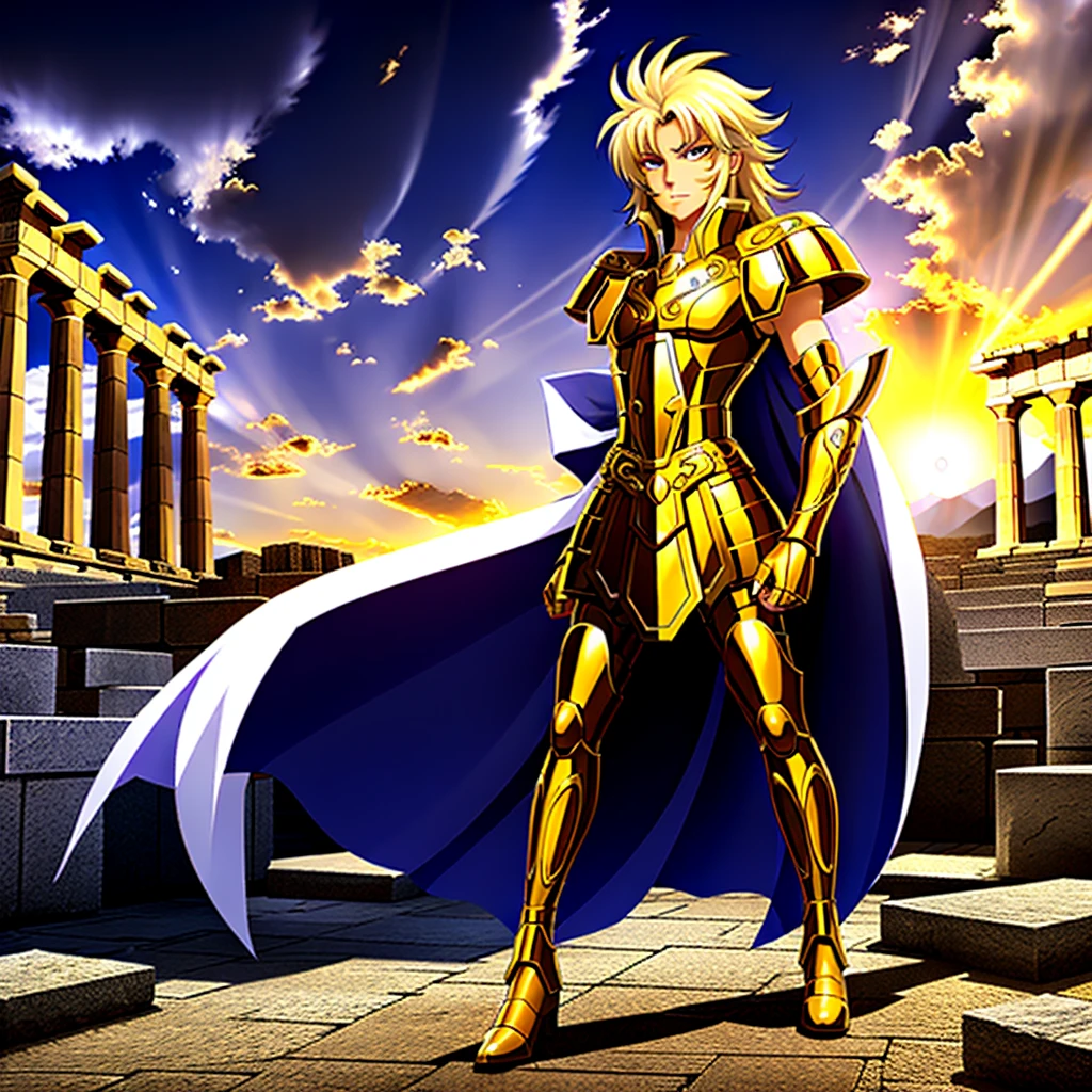 GeminiArmor, gold armor, 1boy, armor, dramatic sky, looking at viewer, closed mouth, upper body, serious, on greek temple ruins, anime, full-body. running towards the viewer, boots