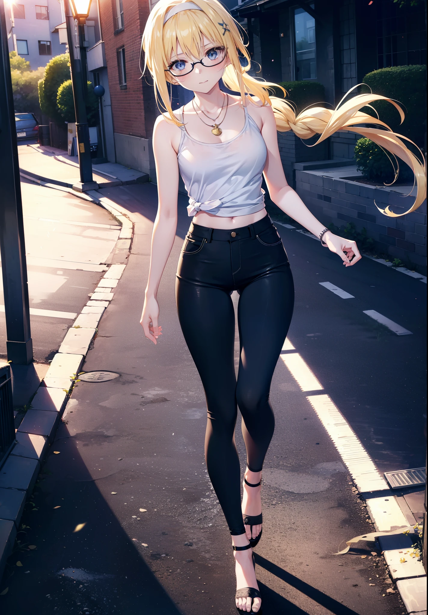 Alicesburg, Alice Zuberg, bangs, blue eyes, Blonde, Hair between the eyes, Very long braid, hair band, white hair band,Black-rimmed glasses,Yellow Tank Top,Locket Necklace,skinny pants,Stiletto heels,Walking,morning,morning陽,The sun is rising,whole bodyがイラストに入るように,smile,blush,
break outside, Residential Street,
break looking at viewer, whole body,
break (masterpiece:1.2), Highest quality, High resolution, unity 8k wallpaper, (figure:0.8), (Beautiful attention to detail:1.6), Highly detailed face, Perfect lighting, Highly detailed CG, (Perfect hands, Perfect ),