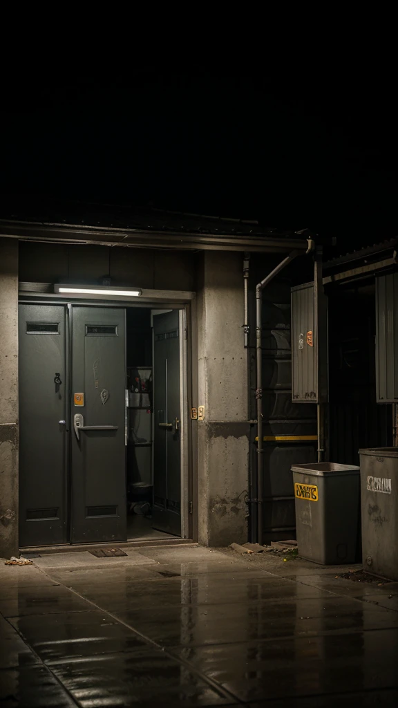 Outdoor night shot showing a large building with large rolling steel doors. A lifeless body is hanging from a steel frame above the door. Several trash cans are placed below the door. To the right of the image is a small open steel door. The atmosphere is gloomy, eerie, and scary. Streetlights dimly illuminate the area from the right. The floor is concrete. The surrounding area is open and spacious.