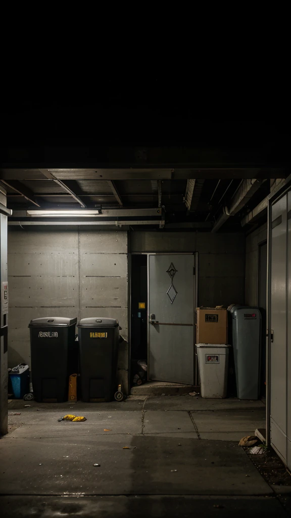 Outdoor night shot showing a large building with large rolling steel doors. A lifeless body is hanging from a steel frame above the door. Several trash cans are placed below the door. To the right of the image is a small open steel door. The atmosphere is gloomy, eerie, and scary. Streetlights dimly illuminate the area from the right. The floor is concrete. The surrounding area is open and spacious.