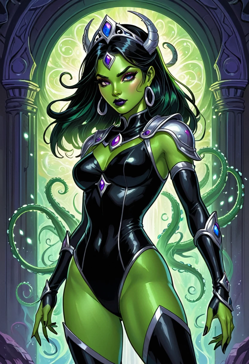 in the style of masters of the universe, flat colors style, bold sharp lines, cell shading, graphic novel flat colors style, cropped detail, fine intricate lineart, hatched shadows, masters of the universe, a (green skinned, green skin, bright green skin:1.3) female warrior, She has dark (black hair) and wears a black outfit, (black leotard with silver trim:1.2), (silver tiara, silver armor), long black boots, silver bracers. (detailed face, detailed eyes) (best quality,4k,8k,highres,masterpiece, colorful, vibrant colors:1.2), absurdres, long eyelashes, ((detailed lips)), narrow eyes, lavender colored eyes, piercing eyes, black lipstick, blue eyeshadow, pointed ears, sharp ears, (sultry expression). Good hands, detailed hands. Show her standing in front of a magic portal, with shimmering lights and tentacles coming out of it. She makes arcane gestures with her hands towards the portal.
