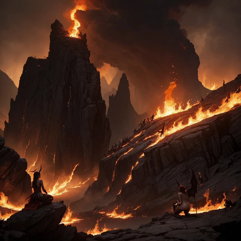 create a dark and intense high fantasy illustration set in a hellish landscape. The background features a burning inferno with intense orange and red tones. In the foreground, three nude, demon-like women with bat wings and dark, seductive features pose seductively on rocky outcrops surrounding a central rock and central pit filled with flames and tormented souls. A woman raises her arm toward the sky, where lightning crackles. Another woman is crawling forward and the third is kneeling with her back arched. A larger demonic figure with horns and a menacing presence is seen in the distance, holding a staff. The scene is chaotic and apocalyptic, with smoke, fire and dark energy creating a dramatic atmosphere.