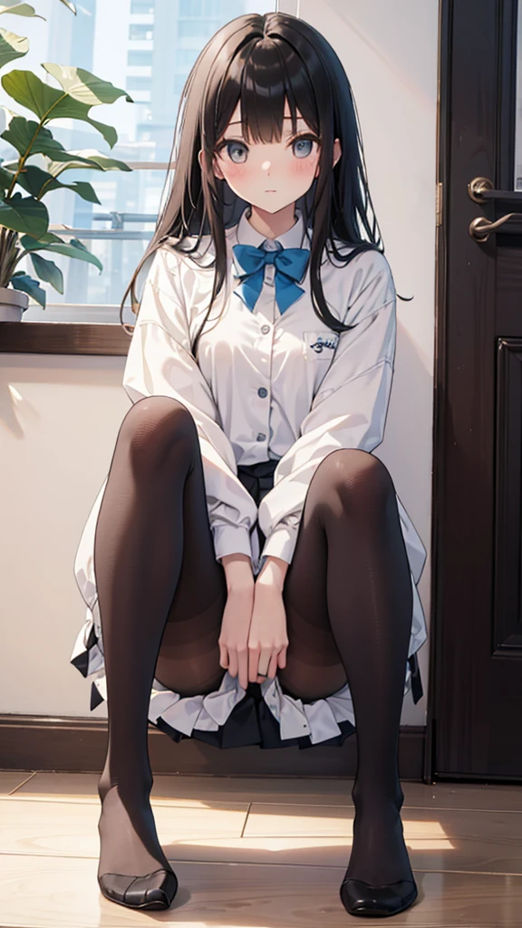 Top quality, masterpiece, High resolution, (Head to toe full body), front, frontやや下からの構図, Symmetric, Tall 18 year old girl, alone, (Head to toe), (Small breasts), bangs, (black tights), (Black Pantyhose), (Sit with your legs apart), (Crouching pose), (A composition showing white panties), (Her legs were spread、I see your white pants.), (I was made to sit on the floor with my legs spread..), (M-shaped legs), Thin legs, A very beautiful and tall 18 year old girl, (No shoes), blush, Shy big eyes, looking at the camera, Blazer Uniform, Checkered Pleated Skirt