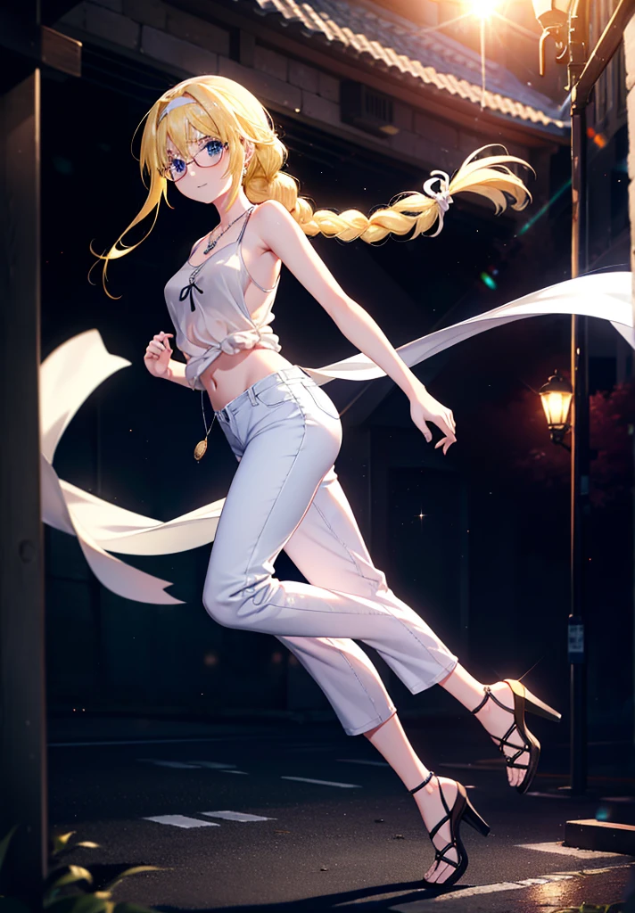 Alicesburg, Alice Zuberg, bangs, blue eyes, Blonde, Hair between the eyes, Very long braid, hair band, white hair band,Black-rimmed glasses,Yellow Tank Top,Locket Necklace,skinny pants,Stiletto heels,Walking,morning,morning陽,The sun is rising,whole bodyがイラストに入るように,smile,blush,
break outside, Residential Street,
break looking at viewer, whole body,
break (masterpiece:1.2), Highest quality, High resolution, unity 8k wallpaper, (figure:0.8), (Beautiful attention to detail:1.6), Highly detailed face, Perfect lighting, Highly detailed CG, (Perfect hands, Perfect Anatomy),