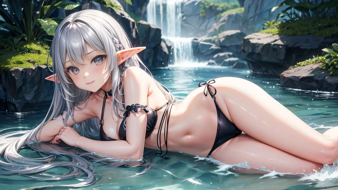 Elf Girl、8--old、ium-long silver hair、Silver Eyes、Black bikini swimsuit、Seductive expression、Leg spread