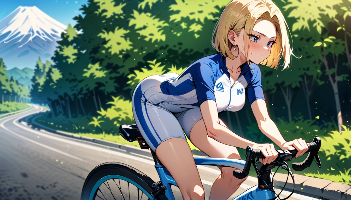 (masterpiece, best quality:1.2),1girl, (solo), Android 18 from Dragon Ball, medium breasts, blunt bangs, blonde short hair, black eyes, earrings on earlobes, slim, slender feminine figure, skinny body, blush, magnificent view, blur background, 4K, pedaling the bike with one leg raised and knee bent in cycling motion, sitting on the saddle with her buttocks on the bike seat, torso leaning forward over the low handlebars grasping the handles, facing camera, navy blue and white striped cycling jersey, navy blue and white striped cycling shorts hugging her toned thighs, white cycling shoes clipped into the white lightweight pedals, riding a white road bike with a striped aerodynamic frame, white thin tires on a paved road, surrounded by lush green trees and foliage lining the paved road, sunlight filtering through leaves, Mount Fuji visible in the distance, (collarbone), sweat,