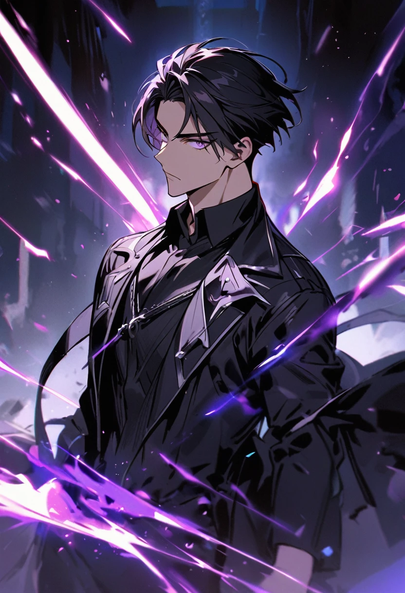 handsome, alone, 1 man, short hair, black hair, purple eyes, black shirt, black coat, Lots of power