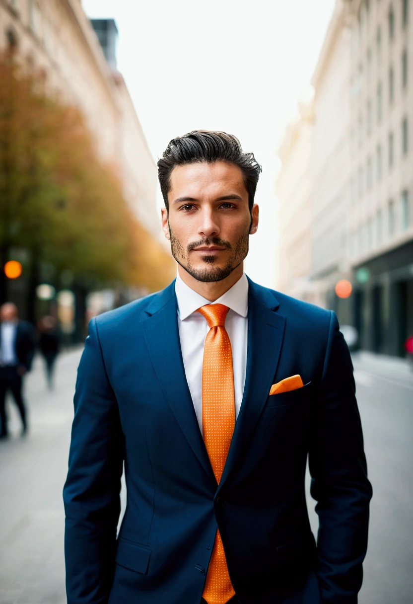 Highest quality、8k、Italian man wearing a suit and orange tie standing on a city street, Outdoor business portrait, Professional Profile Photo, Professional profile photo, wearing a suit and a tie, Wearing a business suit, Nico DeRolls, Chi multiplication, Corporate Wear, wearing a suit and a tie, Corporate Portrait, Raphael Persona, Sascha Schneider, Wear a business suit, Professional photos
