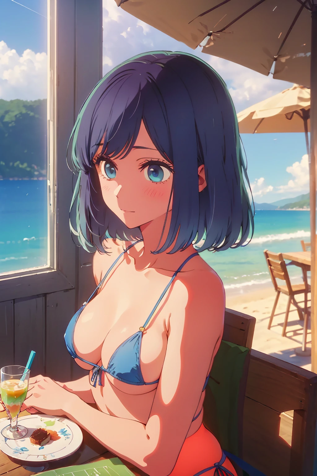 (Highest quality:1.4、masterpiece:1.4、Super detailed:1.4、8k:1.4)、((((1 person、Surprised expression、sit、Cafe Terrace、coastal、juice、table、Sandy Beach、juiceのグラスを持つ、Micro Bikini、Very soft 、Big eyes、Very cute face))))、(big Areolas protrude from micro bikini:1.4)、F cup bust、Medium breast、Underboob