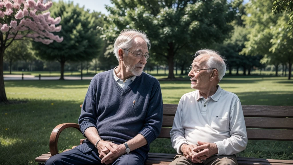 /imagine A young man talking to a wise old man in a peaceful park. The elderly man is sitting on a wooden bench, holding a bucket with a small hole. The young man listens attentively, with an expression of curiosity and wonder. ao redor, colorful flowers are in full bloom, and the sunlight shines softly, creating an atmosphere of learning and connection between generations.