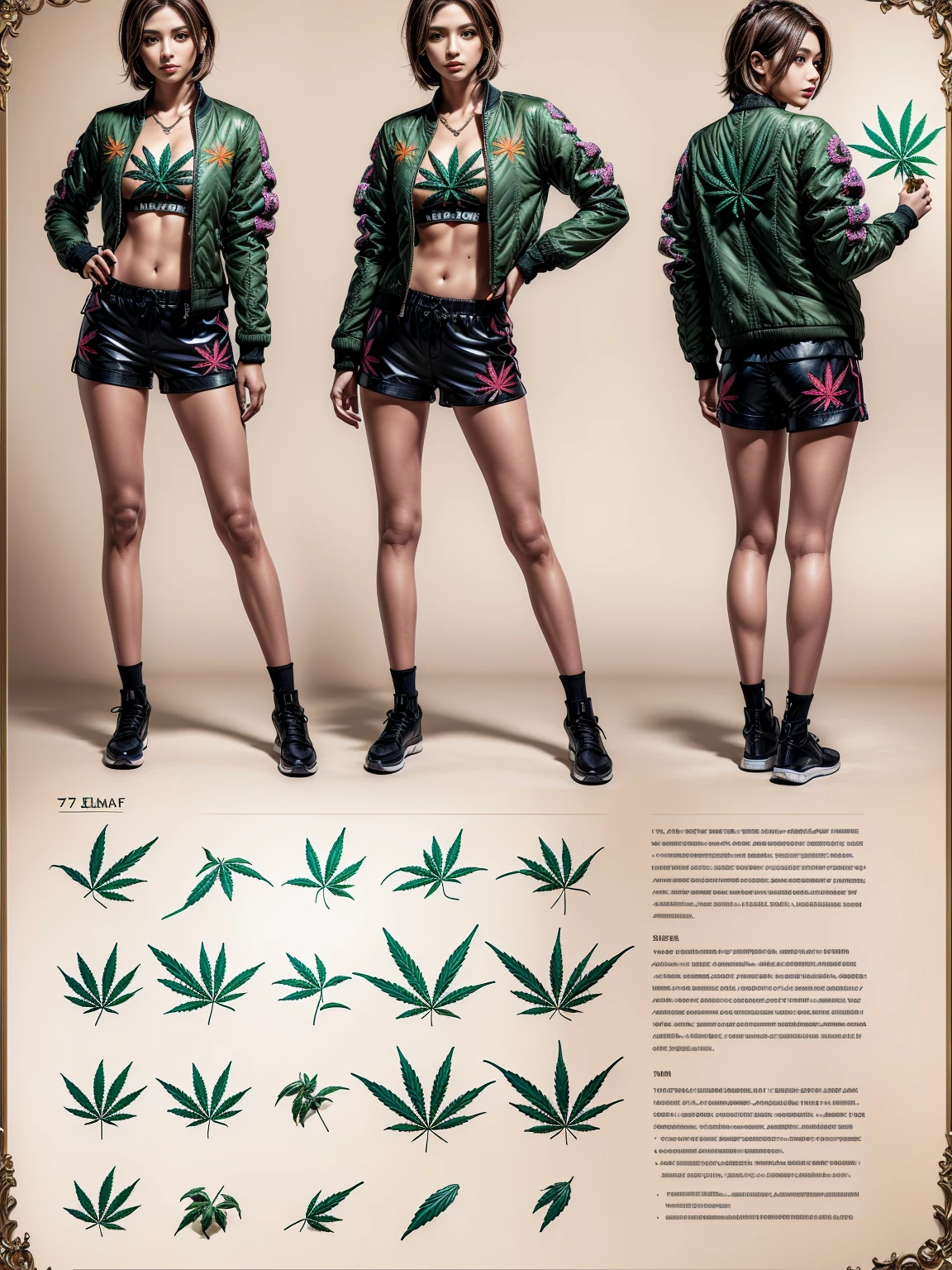 (((Create Detailed Character Design Sheet))), (Front view, Side view, Diagonal view, show 5 women, on simple background, (warm color background)), ((best quality,4k,8k,highres,masterpiece:1.2),ultra-detailed), ((Extremely Detailed marijuana leaf,printed on a short jacket,short pants,sport top:1.4)), (random color hair:1.22),(random hairstyle:1.2), ((many additional elements for the outfit (+ detailed item description, many parts), + character description, full of details)). concept-art, reference sheet, Proportions are based on a 7.5 head scale)