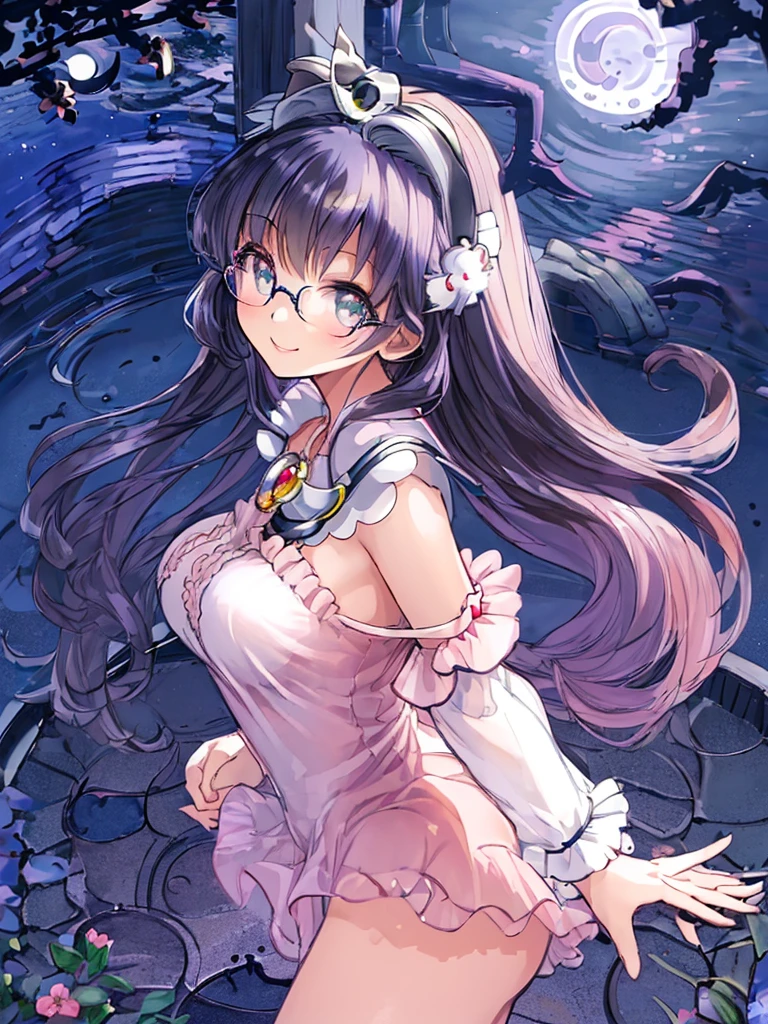 ((masterpiece)), ((best quality)), (ultra-detailed), ((kawaii)), cute, (lovely), illustration, anime style, 1girl, cute girl, solo, (from side:1.3), (midnight:1.4), (moonlight:1.6), (beautiful eyes), beautiful black hair, (long hair), (horseshoe-shaped hairband), slim, slender, glasses, medium breast, (seductive smile:1.3).
