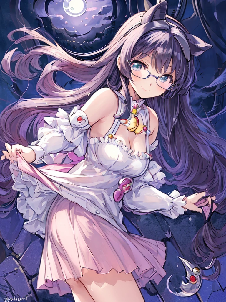 ((masterpiece)), ((best quality)), (ultra-detailed), ((kawaii)), cute, (lovely), illustration, anime style, 1girl, cute girl, solo, (from side:1.3), (midnight:1.4), (moonlight:1.6), (beautiful eyes), beautiful black hair, (long hair), (horseshoe-shaped hairband), slim, slender, glasses, medium breast, (seductive smile:1.3).