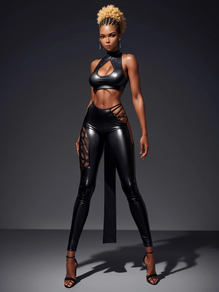 ((best quality)), ((4k)), ((highres)), ((masterpiece:1.2)). ((detailed)), ((ultra realistic)), ((intricate details)), ((full body picture)), ((solo character)), a full body picture of a beautifull Ebony skinned female, black woman, dark skin, perfect face, detailed eyes, detailed lips, about 25 years old, about 5'5 ft. tall, punk black woman, punk style, side shaved hair ((emphasis on her side shaved hair)), side-shaved afro hair style, ((emphasis on her side-shaved afro hair style)), muscular body, hourglass body type, thick and muscular, dressed in a golden top ((emphasis on her gold tank top)), and black leather pants, high heels, fighting game character concept art, tekken character design, the king of fighters character concept, full bofy, full body concept art, full body art