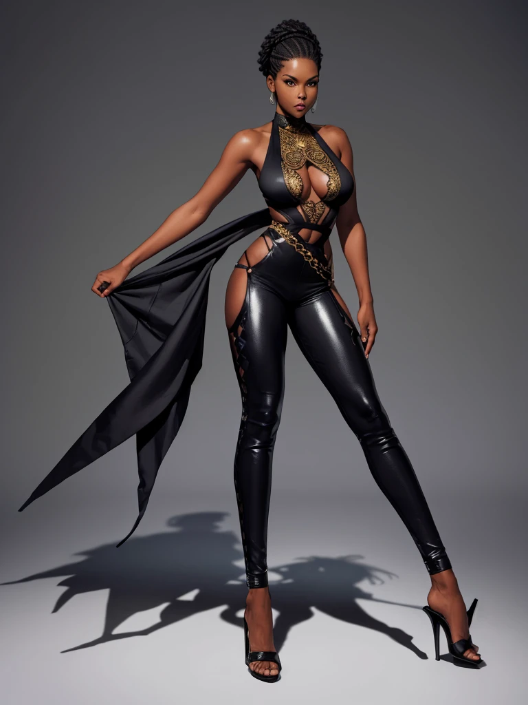 ((best quality)), ((4k)), ((highres)), ((masterpiece:1.2)). ((detailed)), ((ultra realistic)), ((intricate details)), ((full body picture)), ((solo character)), a full body picture of a beautifull Ebony skinned female, black woman, dark skin, perfect face, detailed eyes, detailed lips, about 25 years old, about 5'5 ft. tall, punk black woman, punk style, side shaved hair ((emphasis on her side shaved hair)), side-shaved afro hair style, ((emphasis on her side-shaved afro hair style)), muscular body, hourglass body type, thick and muscular, dressed in a golden top ((emphasis on her gold tank top)), and black leather pants, high heels, fighting game character concept art, tekken character design, the king of fighters character concept, full bofy, full body concept art, full body art