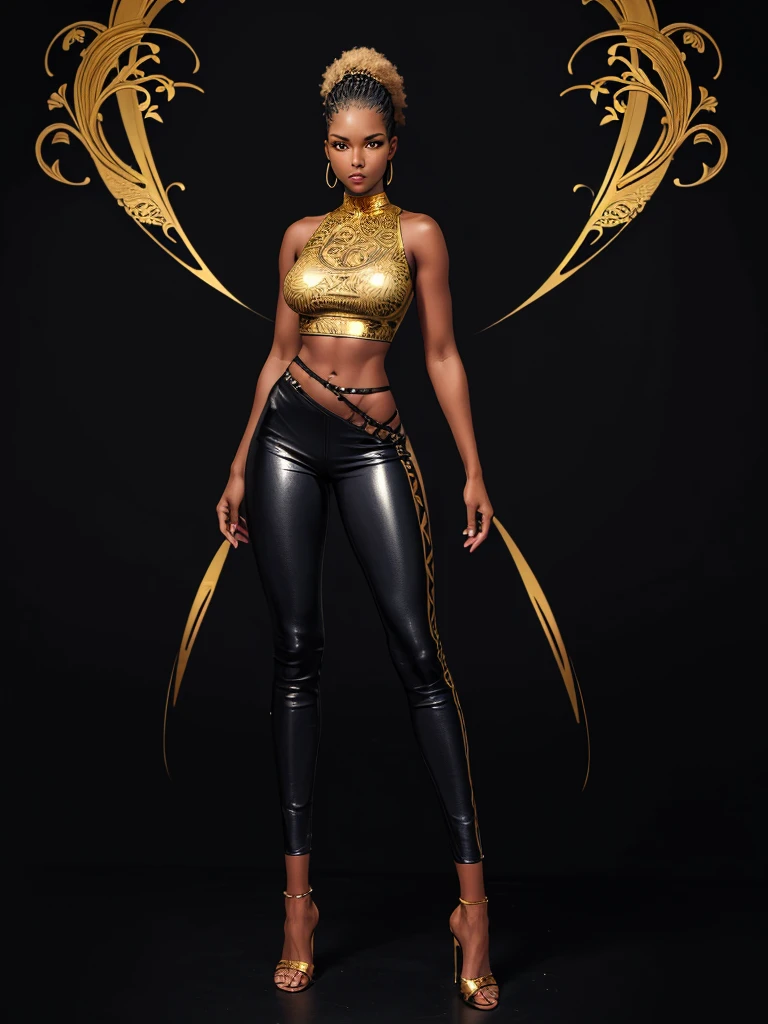 ((best quality)), ((4k)), ((highres)), ((masterpiece:1.2)). ((detailed)), ((ultra realistic)), ((intricate details)), ((full body picture)), ((solo character)), a full body picture of a beautifull Ebony skinned female, black woman, dark skin, perfect face, detailed eyes, detailed lips, about 25 years old, about 5'5 ft. tall, punk black woman, punk style, side shaved hair ((emphasis on her side shaved hair)), side-shaved afro hair style, ((emphasis on her side-shaved afro hair style)), muscular body, hourglass body type, thick and muscular, dressed in a golden top ((emphasis on her gold tank top)), and black leather pants, high heels, fighting game character concept art, tekken character design, the king of fighters character concept, full bofy, full body concept art, full body art
